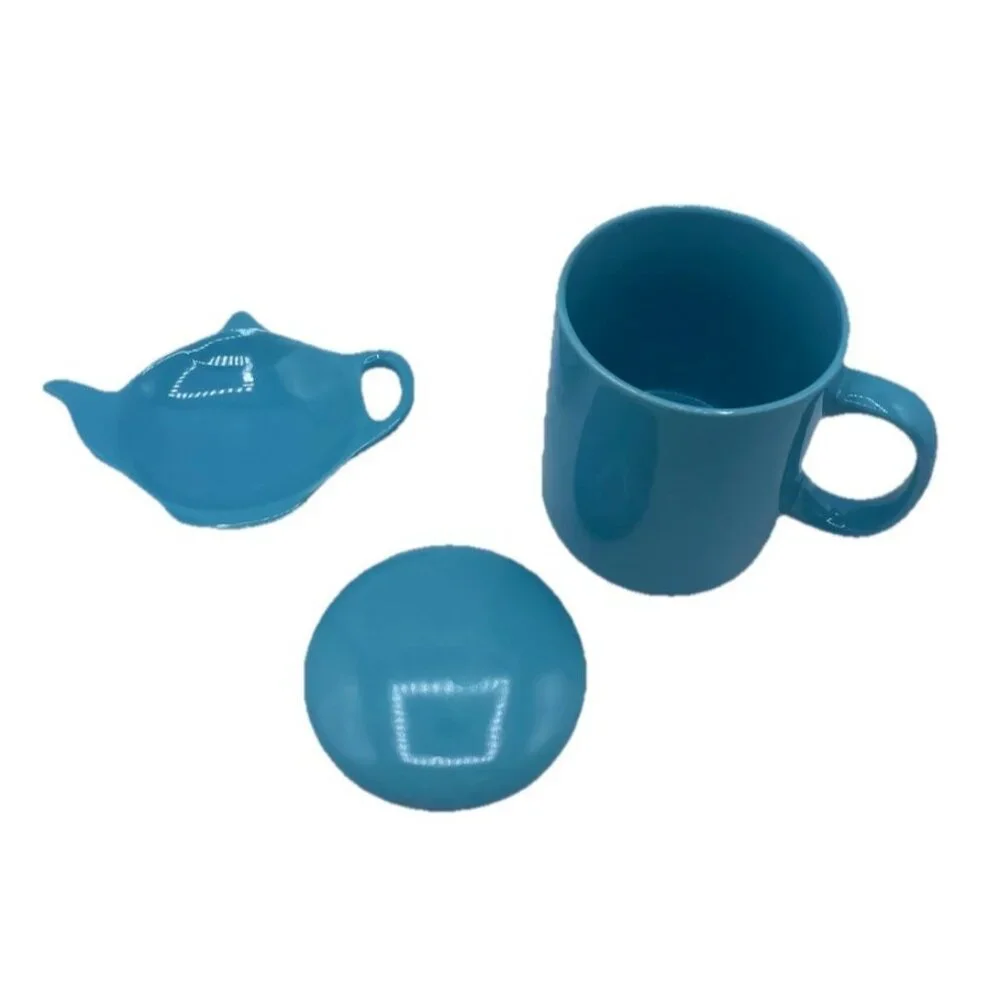 OmniWare Coffee Tea Mug With Lid Teapot Shaped Dish Blue Turquoise Minimalist
